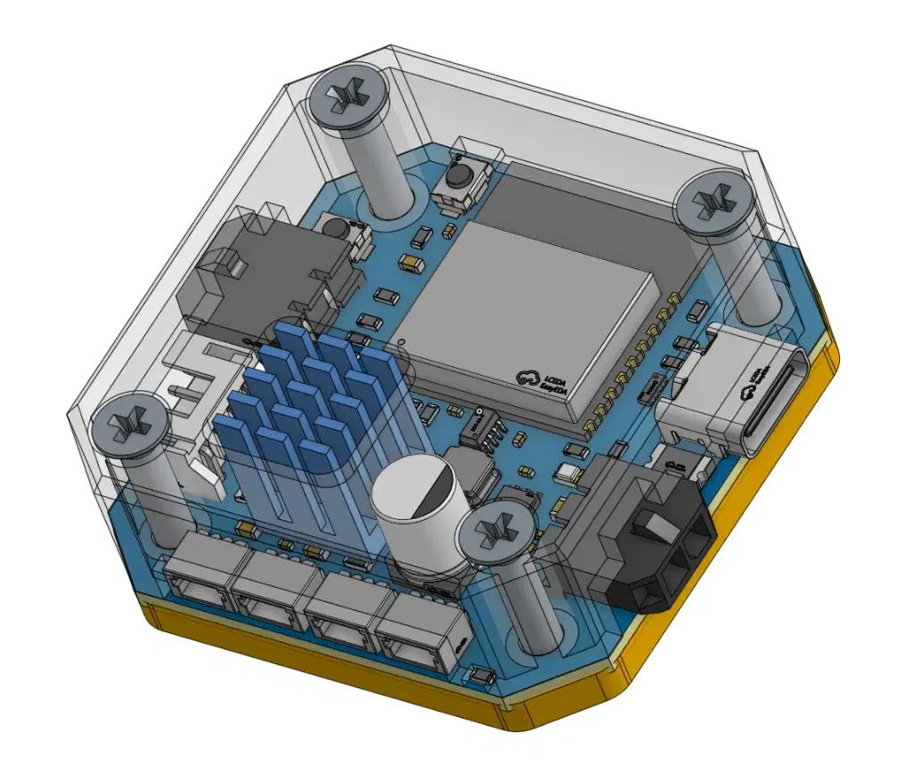 CANStepper V1 mechanical assembly — board, heatsink stack, and NEMA 17 mount